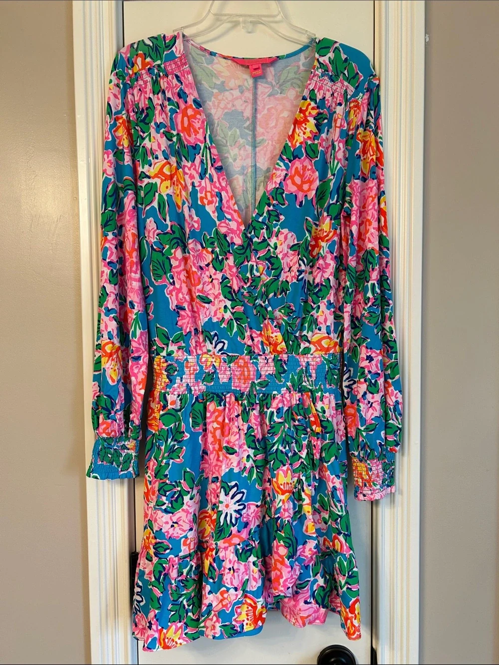 Lilly Pulitzer Peggy Pink Rose and Teal Floral Long Sleeve Romper Sz M - Picture 2 of 9